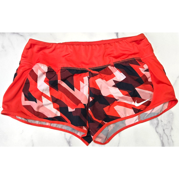 Nike Womens Running Shorts Medium Orange Geo Groove Printed Dri Fit Active Gym - Picture 1 of 7